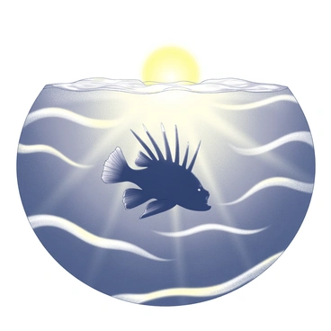 A lionfish, depicted as a silhouette with its elongated fins and spiky appearance, is prominently positioned in the center of the image. The scene captures the underwater environment with gentle waves creating a fluid motion surrounding the fish. Above, a glowing sunset is visible, casting light rays that filter through the water, illuminating the surroundings. The silhouette contrasts sharply against the bright light from the sunset, highlighting the intricate details of the lionfish's body.