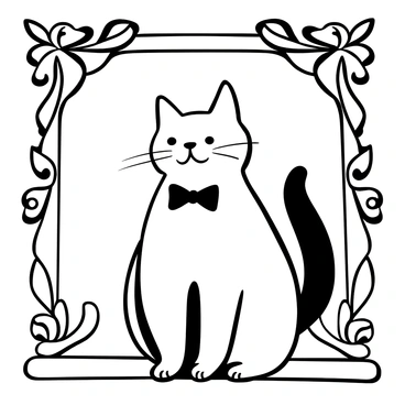 A dignified Persian cat wearing a bow tie is centered in the image. The cat has a fluffy coat with intricate patterns and a regal posture. Behind the cat, there is an ornate, vintage-style frame that adds elegance to the portrait. The background features elaborate scrollwork and floral designs, enhancing the overall vintage aesthetic. The cat's tail is curled gracefully around its body, contributing to its dignified appearance.