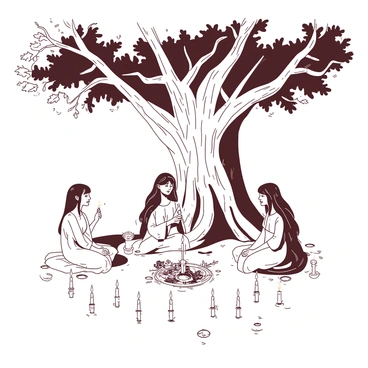 A small group of four individuals is gathered together under a large oak tree with an expansive canopy. The oak tree's trunk is thick and sturdy, with deep grooves in the bark. Surrounding the group, there are numerous flickering candles placed on the ground, casting a warm glow in the dim light. The individuals are dressed in flowing garments, each holding a symbolic object related to the ritual. In the center of the group, there is a small altar adorned with flowers and herbs, enhancing the sacred atmosphere of the scene. The soft breeze rustles the leaves above, adding a sense of movement to the tranquil moment.