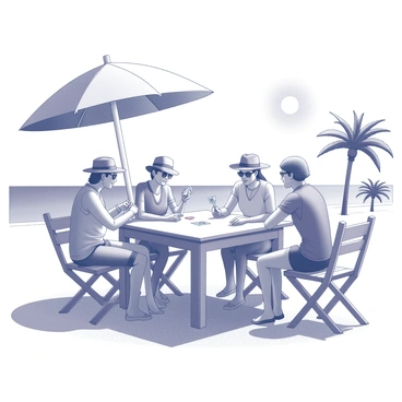 A group of four vacationers sitting around a wooden table. The table is set on a sandy beach, with the ocean visible in the background. Each person is engaged in the game, with two of them holding playing cards and the others leaning in, focused on the gameplay. They are casually dressed in summer attire, wearing hats and sunglasses. A few palm trees are swaying gently nearby, and a large beach umbrella is providing shade to one side of the table. In the distance, the sun is shining brightly in a clear sky.