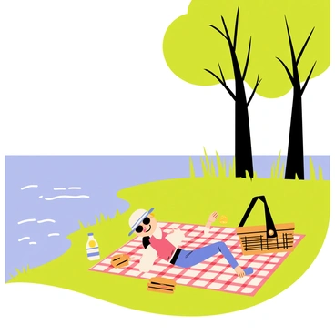 A peaceful riverbank with a gentle flow of water and lush green grass lining the shore. A picnic basket is placed beside a red and white checkered blanket spread out on the ground. A person is lying on the blanket, wearing a wide-brimmed hat and sunglasses, with a relaxed expression. Nearby, there are a few scattered sandwiches and a bottle of lemonade partially hidden under the basket. A couple of trees with vibrant green leaves provide shade over the scene.