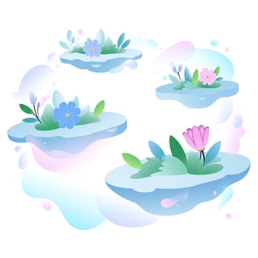 A collection of floating islands in a vibrant sky, each island adorned with a variety of blooming flowers in different colors. The islands are lush with greenery and textures that add depth, and wisps of clouds drift softly around them. Some flowers are large and prominent, while others are small and delicate, creating a harmonious blend. The background features a gentle gradient of pastel colors, enhancing the ethereal quality of the scene.