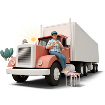 A truck driver, wearing a blue cap, a plaid shirt, and dark jeans, is sitting on the step of his large red and white truck. The truck is parked at a roadside truck stop, with a sign visible in the background that reads "Truck Stop." The driver is holding a steaming cup of coffee, looking relaxed as he takes a sip. The sun is shining, casting a warm light on the scene, and there are a few green trees in the background. A small table with a checkered cloth can be seen nearby, adding to the roadside atmosphere.