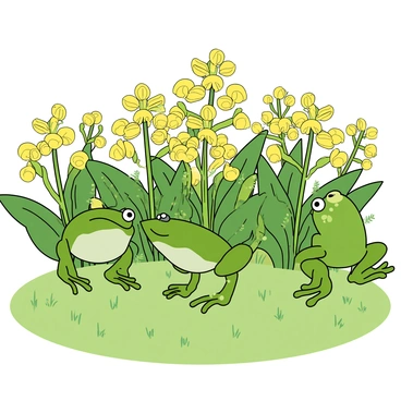 A group of small green frogs with shiny skin and large round eyes is hopping playfully among bright yellow mustard plants in a dewy field. Each frog is in a different position, capturing the energy of their playful movements. The mustard plants have vibrant yellow flowers and broad green leaves, creating a lively backdrop. Tiny droplets of dew glisten on the leaves and flowers, reflecting the morning light. The field is lush and open, with a few scattered blades of grass adding to the scene.