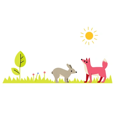 A simple food chain diagram set in a grassy landscape. The sun is depicted in the top corner with rays extending outward. Below the sun, there is a green plant with broad leaves. Next, a grey rabbit is illustrated beside the plant, standing on its hind legs. Finally, a red fox is shown nearby, looking at the rabbit. The background consists of lush green grass with a few scattered flowers.