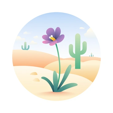 A rare desert flower with vibrant purple petals is blooming amidst the arid sand. The flower stands tall, with delicate green leaves unfurling around its base. Sunlight casts gentle shadows on the surrounding light-colored sand, highlighting the texture and contours of the dunes. In the background, a few sparse cacti are visible, their silhouetted forms contrasting against the clear blue sky above. A gentle breeze stirs, causing the flower's petals to sway slightly, adding a sense of life to the stark desert landscape.