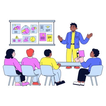 An illustrator stands confidently in front of a group of investors. The illustrator holds a pitch deck filled with colorful, vibrant illustrations showcasing various concepts. Each page of the pitch deck features distinct visual elements that are bold and eye-catching. The investors are seated at a long table, attentively looking at the illustrations. The room is well-lit, emphasizing the details of the illustrations in the pitch deck. The illustrator gestures towards one of the illustrations, conveying enthusiasm and passion for the project.