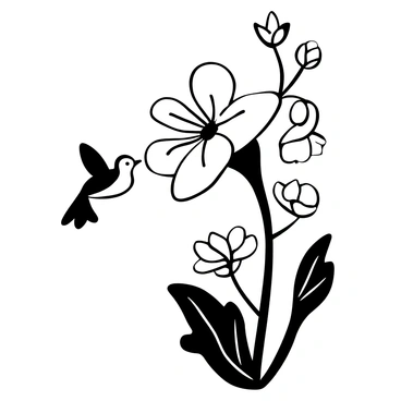 A tiny hummingbird hovering in mid-air, with its wings in motion, positioned near a large, intricate blossom. The blossom has numerous petals and an elongated stamens, detailed and prominent. The hummingbird is focused on the blossom, with its beak extended into the flower. There are delicate leaves and additional blossoms in the background, completing the natural setting.