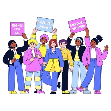 A lively historical women's rights rally taking place in a public square. A diverse group of women is present, each holding colorful signs and banners. The signs feature slogans such as "Equal Rights for All" and "Empower Women." The women are dressed in a variety of clothing styles, representing different cultures and eras. Some are wearing traditional garments while others are in modern attire. The atmosphere is filled with determination and unity, as the women stand together, their faces expressing strength and resolve.