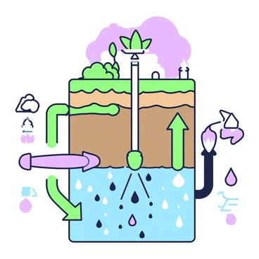 An illustration depicting the process of contamination spreading in underground water due to fracking. At the top, there is a cross-section view of the ground showing layers of soil and rock. Above the soil layer, there are green plants and a purple sky. Below the surface, a fracking well is illustrated with pipes extending downward, extracting resources. Surrounding the well, there are green arrows indicating the movement of water contamination spreading outward. In the underground water reservoir, small droplets symbolizing pollutants are dispersing and mixing with clean water. There are purple warning signs indicating hazardous zones near the source of contamination.