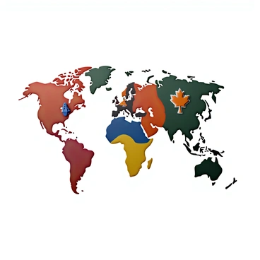 A modern world map rendered in a vector style, featuring vibrant colors across various countries. Each country is distinctly colored, showcasing a range of hues that create a visually striking appearance. Iconic symbols are placed on the map to represent different countries; for example, a maple leaf for Canada, an Eiffel Tower for France, and a kangaroo for Australia. The map includes clear borders between nations, and the overall look is clean and contemporary, making it easy to distinguish each country and its corresponding icon.