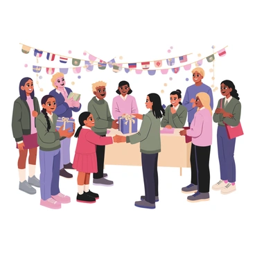 A group of students gathered at an international school event, exchanging gifts with cheerful expressions. In the center, a boy with light brown skin and curly black hair hands a colorful wrapped gift to a girl with medium skin and straight dark hair, who is wearing a bright red dress. Surrounding them are several other students of diverse backgrounds, including one with dark skin and braided hair holding a blue and silver present, while another student with fair skin and short blond hair is smiling, holding a red gift bag. The background features banners with flags from various countries and tables adorned with festive decorations and lights, creating a lively atmosphere filled with excitement and joy.