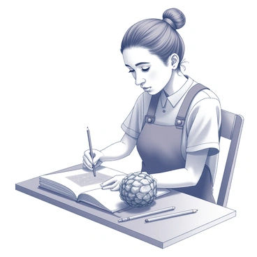 An artist is seated at a wooden table, focused on sketching an artichoke in a sketchbook. The artist holds a pencil in one hand, while the other hand rests on the open sketchbook, which displays the partially completed drawing of the artichoke. The artichoke is positioned in front of the artist, showcasing its distinctive layers and textures. Pencils of varying thickness are scattered around the table, alongside the sketchbook. The scene is well-lit, highlighting the details of the artichoke and the artist's concentrated expression.