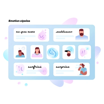A chart filled with various labels showcasing different emotions. Each section of the chart has a distinct illustration symbolizing an emotion such as "happiness," "sadness," "anger," and "surprise." The background features a gradient of pastel colors blending softly, enhancing the clarity of the labels and illustrations. Each illustration is set against a softly colored backdrop that complements the emotion being depicted.