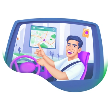 A ride-share driver with a bright smile is sitting in the driver's seat of a modern car. He has short, dark hair and is wearing a casual shirt. In front of him, the GPS screen displays a detailed map with a highlighted route. The urban setting outside the car features tall buildings, traffic lights, and people walking on the sidewalk. Sunlight filters through the windows, illuminating the interior of the car, while the driver's hand points enthusiastically at the GPS.