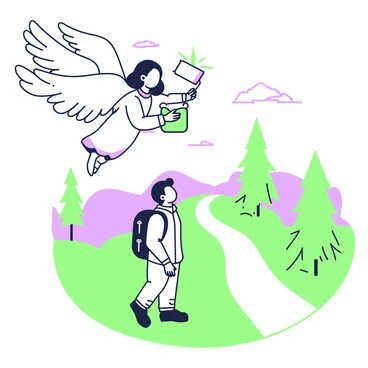 An angel with large, feathery wings is hovering in the air, surrounded by a soft atmosphere. The angel is holding a glowing letter in one hand, illuminating the scene with a gentle light. Below, a lost traveler is standing on a winding path, looking up at the angel with a mixture of wonder and hope. The traveler is dressed in rugged clothing, with a backpack slung over one shoulder. The surrounding landscape features tall trees and a faint outline of distant mountains, creating a sense of isolation and search. The angel’s expression conveys kindness and guidance, as the glow from the letter casts light on the traveler’s face.