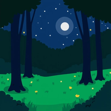 A dark forest scene filled with tall, slender trees that stretch upwards towards the night sky. The ground is covered in lush green grass, interspersed with small, delicate wildflowers. Thousands of twinkling fireflies dance throughout the air, casting a soft, warm glow that illuminates the surrounding foliage. A gentle breeze rustles the leaves, creating a subtle movement in the scene. The moonlight filters through the branches, adding a silver sheen to the dark surroundings.