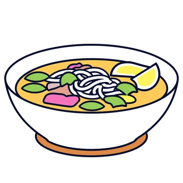 A deep white bowl filled with Vietnamese pho. The broth is clear and steaming, with a layer of fresh herbs, including basil and cilantro, floating on top. Long rice noodles are arranged in a tangled heap within the broth. Thin slices of cooked beef are delicately placed on top of the noodles, and a few lime wedges are positioned on the side of the bowl. The bowl is set against a simple wooden table surface.