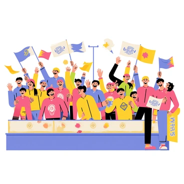 Excited fans are gathered in a large stadium, with a sea of colorful flags being waved enthusiastically. Some fans are holding vibrant banners with slogans and team logos displayed prominently. The fans are dressed in team colors, creating a visually striking atmosphere. Their expressions show joy and excitement as they cheer for their team, creating a lively and energetic scene.