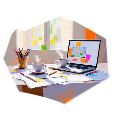 An illustrator's desk is filled with various drawing tools, including colored pencils, markers, and brushes placed in organized containers. There is an open laptop displaying a digital artwork on the screen, with the keyboard slightly cluttered by sketches and notes. A steaming cup of coffee sits prominently on the desk, releasing wisps of steam. The surface of the desk is covered with multiple sheets of paper featuring illustrations in different stages of completion, hinting at the creative process. Natural light streams in from a nearby window, casting gentle shadows across the workspace.