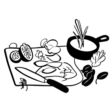 A kitchen counter set with a cutting board featuring anchovy fillets arranged neatly. There are several halved lemons placed next to the anchovies, their textured surfaces visible. Fresh herbs, such as parsley and basil, are scattered around the counter, with some leaves resting on the cutting board. A sharp knife lies nearby, ready for use. In the background, a frying pan is tilted slightly, suggesting it is waiting to be heated. The overall composition conveys a sense of preparation for a meal.