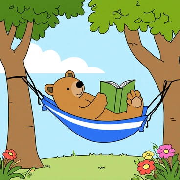 Una nutria con pelaje marrón claro está leyendo un libro de tapa dura mientras se relaja en una hamaca suspendida entre dos árboles. La nutria tiene una expresión concentrada en su rostro, con sus patas delanteras sosteniendo el libro abierto. Los árboles tienen un tronco grueso y están cubiertos de hojas verdes. La hamaca es de color azul con rayas blancas, y se balancea ligeramente con la brisa. Alrededor, hay flores de colores brillantes y un cielo azul despejado.