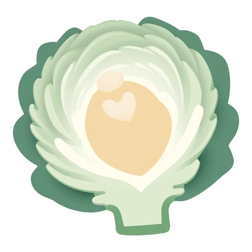 A detailed cross-section of an artichoke reveals its intricate layers. The outer leaves are tightly packed and have a deep green hue with a slight sheen. Each layer unfolds into lighter green petals that are more delicate and tender. The heart of the artichoke is visible at the center, showcasing its creamy beige color and smooth texture. The small, fuzzy choke sits atop the heart, adding a contrasting texture. The cross-section highlights the geometric shapes formed by the layers, creating a visually captivating display of nature's design.