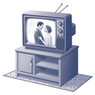 An old television set stands on a wooden cabinet. The screen displays a classic black-and-white movie scene featuring a couple in elegant attire, engaged in a dramatic conversation. The television’s dials and knobs are visible, showcasing its vintage design. The surrounding room contains a floral-patterned wallpaper and a patterned rug beneath the cabinet, adding to the nostalgic atmosphere.