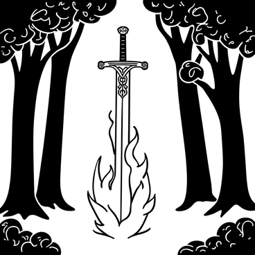 A fiery sword with ethereal flames, poised mid-air in a mystical forest