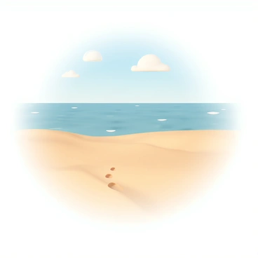 A tranquil beach scene with soft, golden sand stretching across the shore. In the foreground, there is a single set of footprints, clearly visible, leading from the warm sand to the gentle waves of the clear blue water. The footprints trail off toward the water's edge, where small waves lap at the shore. The sky above is clear with a few fluffy white clouds, and the sun casts a warm glow over the entire scene, highlighting the textures of the sand and the water.