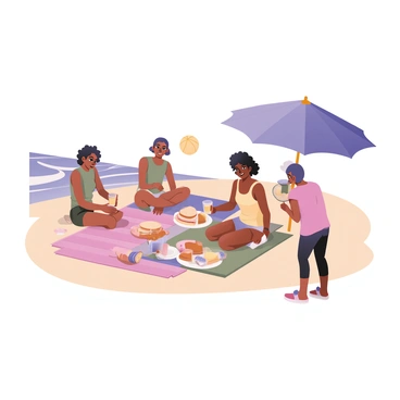 A group of four friends enjoying a beach picnic on a sandy shore. Two friends are sitting on a large, colorful picnic blanket, which is spread out under a bright blue sun umbrella. One of them is holding a plate of assorted sandwiches, while the other is pouring lemonade into glasses. The third friend is standing nearby, with short curly hair and wearing sunglasses, as they are tossing a beach ball towards the fourth friend, who is playfully reaching to catch it. In the background, gentle waves are crashing onto the shore, and a clear blue sky is visible above, adding to the cheerful atmosphere of the scene.