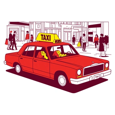 A 1970s taxi cab with shag seat covers waiting on a busy city street