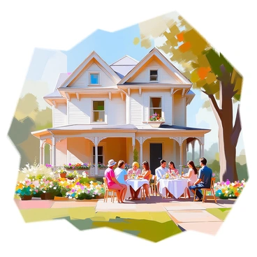 A large Victorian house with intricate architectural details, featuring a wrap-around porch decorated with potted plants. In the front yard, a group of elegantly dressed guests is enjoying a garden party. Some guests are seated at small tables covered with white tablecloths, while others are mingling and holding delicate teacups. Colorful flowers bloom around the garden, adding vibrancy to the scene. A light breeze rustles through the trees, setting a cheerful atmosphere for the gathering.