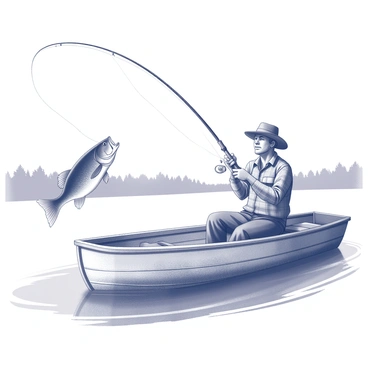 A fisherman sitting in a wooden rowboat is focused on reeling in a largemouth bass. The fisherman is wearing a wide-brimmed hat and a plaid shirt, with a determined expression on his face. The bass is leaping out of the water, showcasing its size and distinctive features. The wooden boat has a rough texture, with visible grain and weathered patches. Ripples spread across the water's surface where the fish is breaking through. In the background, there are hints of trees lining the shore, creating a natural setting for the scene.