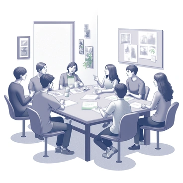 A gathering of several individuals seated around a large wooden table in a well-lit room. Each person has varying sketches and drawings displayed in front of them. One member is animatedly explaining their artwork while another listens intently, nodding in appreciation. On the walls, there are framed pieces of art created by club members, along with art supplies scattered across the table. A warm atmosphere permeates the room, with a few plants in the corners, adding a touch of liveliness to the space.