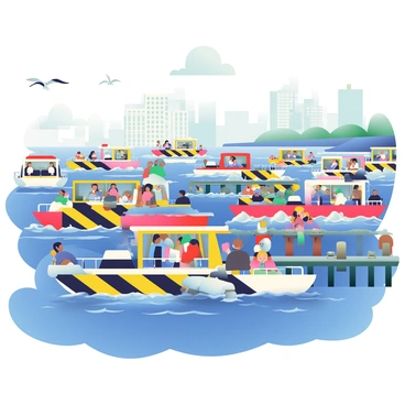 A bustling harbor filled with water taxis, each carrying passengers to their destinations