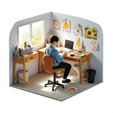 An illustrator sitting at a wooden table, focused on designing greeting cards for different seasons. The workspace is cluttered with various art supplies including colored pencils, markers, brushes, and sheets of paper. The greeting cards showcase seasonal themes, with images of blooming flowers for spring, sunflowers for summer, colorful leaves for autumn, and snowflakes for winter. Sunlight streams in through a nearby window, illuminating the creative chaos of the studio.