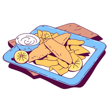 A blue plate is filled with golden-brown fish fillets and crispy golden chips. The fish is flaky and appears perfectly cooked, resting on a bed of chips that are arranged in a casual stack. Next to the plate, there is a small white bowl filled with creamy tartar sauce. Lemon slices are artfully arranged around the plate, adding a fresh touch to the scene. The background features a rustic wooden table that enhances the homely feel of the meal.