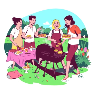 A group of five friends is gathered around a black grill in a vibrant backyard setting. The friends are laughing and enjoying each other's company. One friend is flipping burgers on the grill with a spatula while another is holding a plate filled with freshly grilled corn. To the side, a colorful picnic table is set with various condiments, drinks in cups, and a bowl of salad. Bright green grass surrounds them, and a few colorful flowers are blooming nearby. A clear blue sky can be seen above, indicating a sunny summer day.