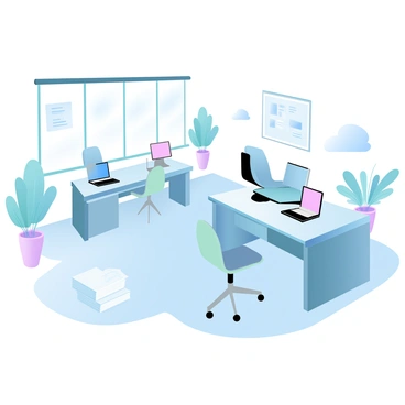 A spacious modern office environment features sleek furniture and large windows allowing natural light to fill the space. Several digital devices are prominently displayed, including laptops, tablets, and large monitors, all set on polished desks. A few ergonomic chairs are positioned around the desks. Minimal paper usage is evident, with a small stack of documents neatly organized in a corner. Potted plants add a touch of greenery to the sterile atmosphere, while a whiteboard with digital notes is mounted on one wall. The overall color palette consists of soft gradient pastel colors, enhancing the contemporary atmosphere.