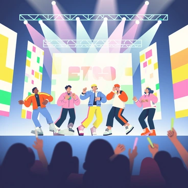 A dynamic scene of BTS performing on a brightly lit concert stage is depicted. The seven members of the group are energetically dancing, wearing stylish outfits that reflect their unique personalities. The stage is adorned with large LED screens displaying vibrant visuals and colorful patterns. Bright spotlights in various colors illuminate the performers, creating a lively atmosphere. The audience is visible in the foreground, with fans holding light sticks that add to the colorful display. The backdrop features large banners with the group's logo and vibrant designs.