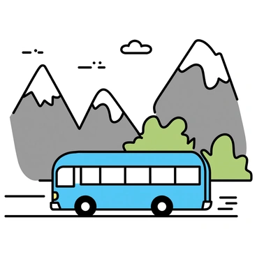A blue bus is traveling along a winding road. The road is flanked by tall, majestic mountains with steep cliffs and rocky peaks. Some patches of greenery can be seen on the mountain slopes, contrasting with the rocky terrain. The sky above is clear and bright with a few fluffy white clouds. The bus has large windows and a streamlined design, showcasing its vibrant color against the natural landscape. The scene captures the essence of a picturesque journey through the mountains.