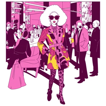 Iris Apfel is standing confidently at the center of a bustling high-profile fashion event. She is wearing oversized round glasses and an eclectic outfit featuring bold patterns and vibrant colors. Stylish attendees surround her, each adorned in unique, fashionable attire that showcases their individual styles. Some attendees are engaged in lively conversations while others are taking photographs. The setting is elegantly decorated with luxurious details, including shimmering lights and chic furniture, creating an atmosphere of glamour and excitement.