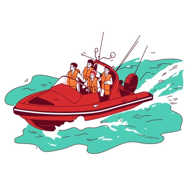 A red rescue boat is speeding through the turquoise waves of the ocean, cutting through the water with determination. The boat is equipped with bright white lifebuoys and emergency lights. A crew of four individuals is onboard, wearing matching orange life jackets, their expressions focused and ready for action. One crew member is holding a rescue rope, while another points ahead, scanning the horizon. The waves are crashing dramatically around the boat, creating splashes of water that glisten in the sunlight.