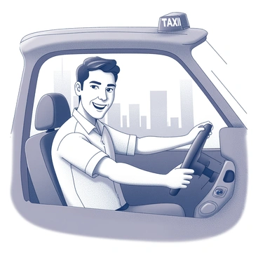 A friendly taxi driver smiling from behind the wheel in his cab