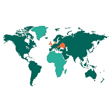 A duotone illustration of a world map showcasing regions affected by desertification. The map is predominantly colored in teal, with contrasting highlights in orange to indicate specific areas severely impacted by desertification. These highlighted regions include parts of Africa, Asia, and South America, clearly marked with varying intensity of color to convey the severity. The map features distinct outlines of countries and major geographical landmarks, providing context to the highlighted areas. Additional details, such as arrows or icons representing drought conditions, enhance the visual understanding of desertification's spread across the globe.