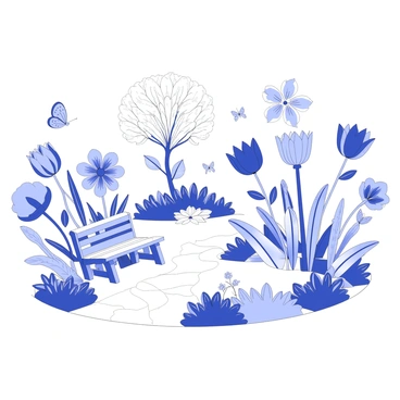 A garden features an array of flowers with different shapes and sizes. Each flower exhibits distinct, intricate petal designs, and various types of foliage surround them. Some flowers have larger heads, while others are more delicate in appearance. The stems vary in length, creating a layered effect throughout the garden. There are butterflies fluttering around, landing on the flowers, and a gentle breeze causes the petals to sway slightly. A stone path winds through the garden, leading to a quaint wooden bench situated beneath a small tree.