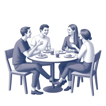 A group of four friends sitting around a circular table in a café. They are engaged in animated conversation, with two of them leaning forward, smiling broadly as they share stories. One person is gesturing with their hands, while another is laughing, showing a wide grin. Each friend has a beverage in front of them, and there are plates with snacks on the table. The café has a cozy atmosphere, with wooden furniture and soft lighting creating a warm setting.