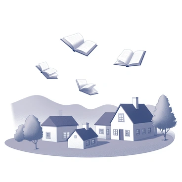 A peaceful village with quaint houses and small gardens. Above the village, books are soaring through the air with their pages flapping like wings. The books have various sizes and shapes, some open and some closed, creating a dynamic scene. In the background, rolling hills frame the village, while a few trees dot the landscape, adding to the tranquil environment. The sky above is clear, allowing the floating books to stand out prominently against the backdrop.