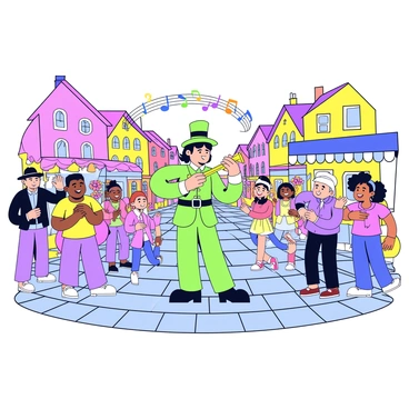 A vibrant town square with cobblestone streets and colorful buildings surrounding it. In the center stands the Pied Piper, wearing a bright green outfit and a tall hat. He is playing a magical flute, and musical notes are illustrated as colorful swirls emanating from it. Villagers of various ages are gathered around, some clapping, others smiling, and a few children dancing joyfully. There are market stalls in the background selling fruits and flowers, adding to the lively atmosphere of the scene.